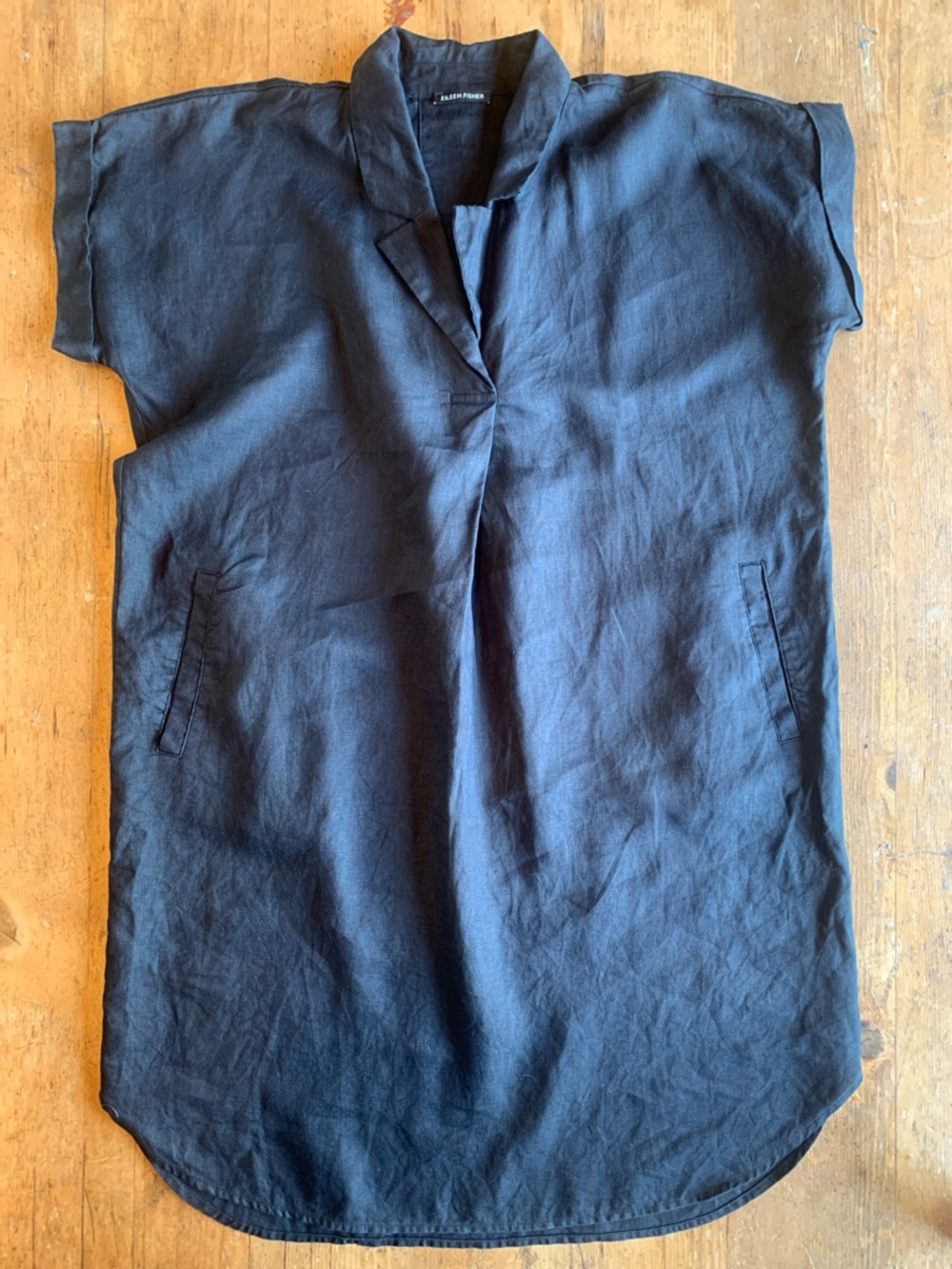 Eileen Fisher Black Short-Sleeve Linen  Button Down Dress - Picture 14 of 16